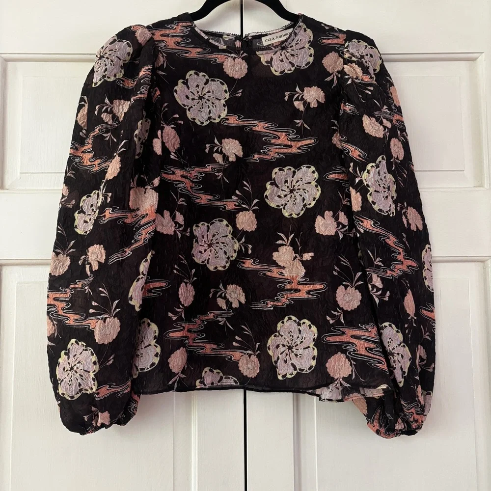 Ulla Johnson Eliza Blouse‎ Onyx Silk Blend Puff Sleeve Floral Top Size 4 Small